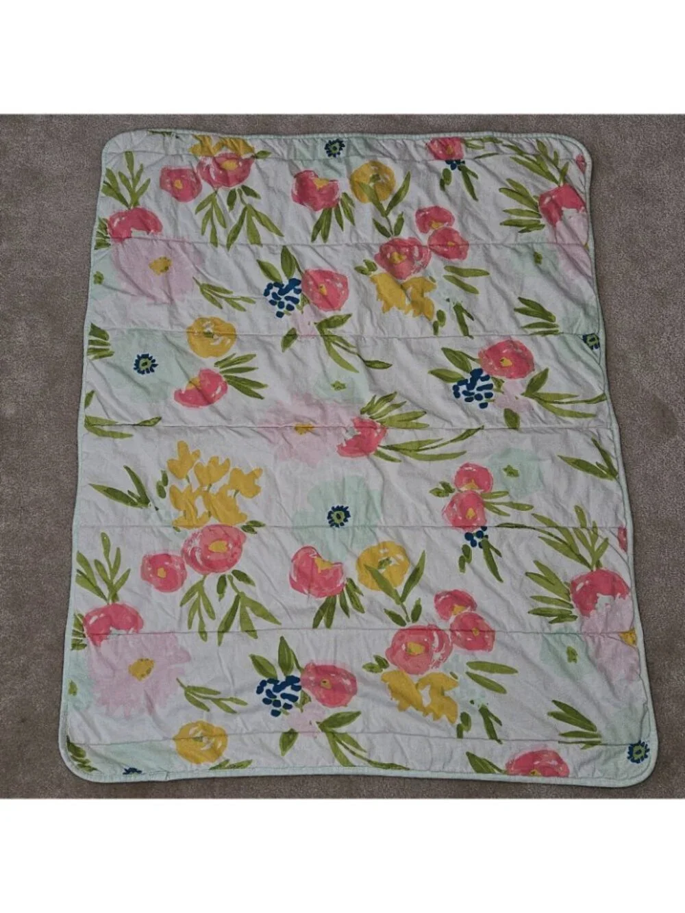 Cloud Island Baby Crib Blanket Reversible Pink Green Yellow Flowers Cotton